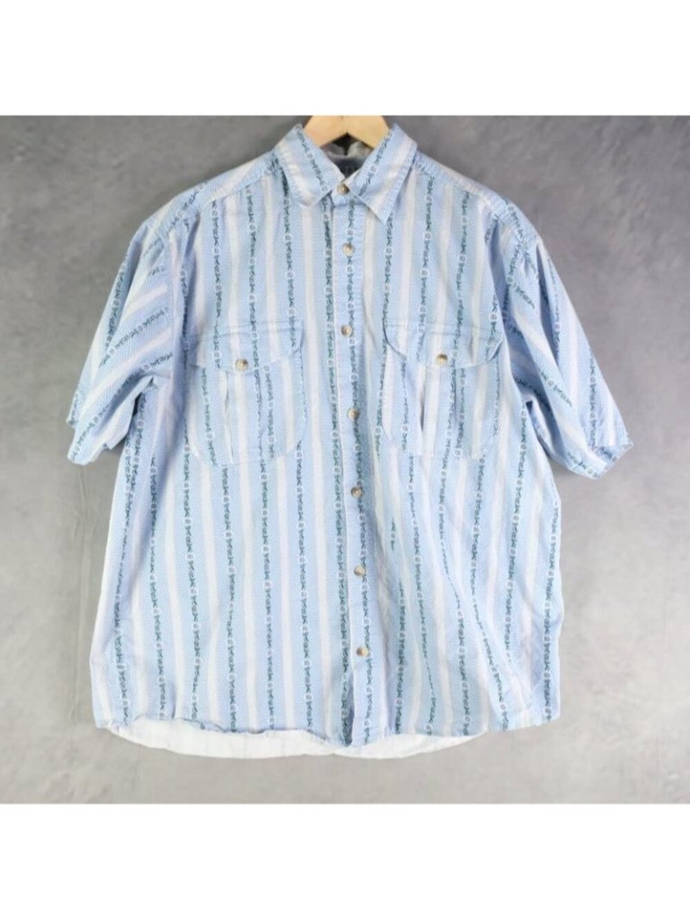Swiss Farmer Shirt Shirt Mens L Blue Floral Stripe Cotton Swiss Folk